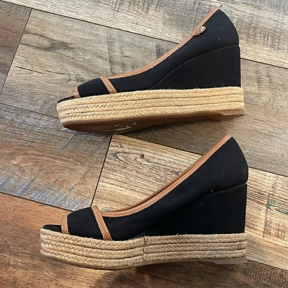 Tory Burch Black & Brown Majorca Espadrille Peep Toe Wedge